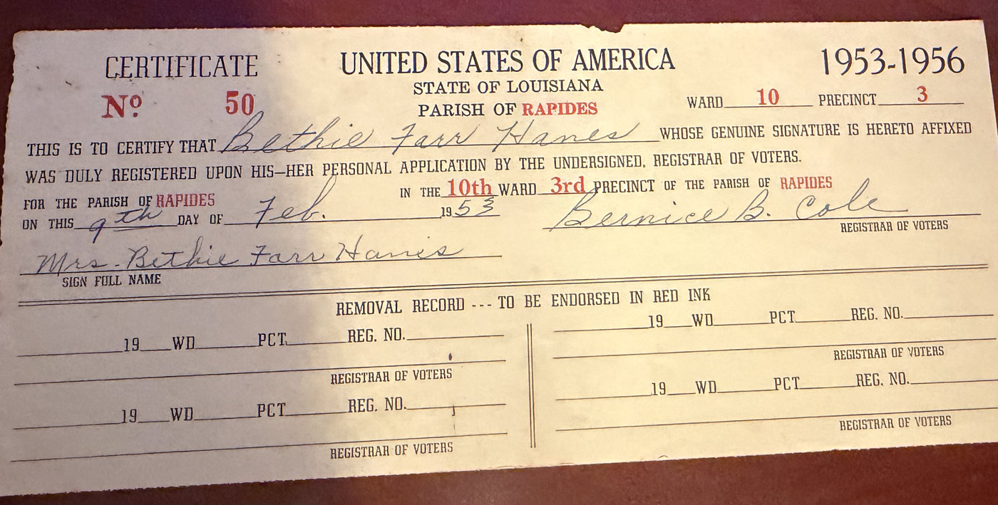 A Louisiana voter registration certificate for 1953 to 1956, certificate number 50, Ward 10, Precinct 3, Parish of Rapides, made out to Bethie Farr Hanes and signed Mrs. Bethie Farr Hanes.