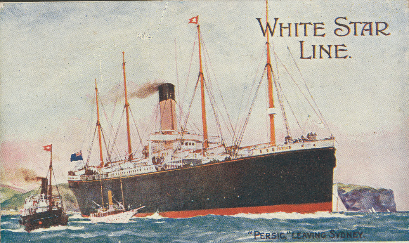 A painted White Star Line postcard of the liner Persic leaving Sydney: a black-hulled steamship with four masts and a single buff funnel, a tug and a launch alongside, and a headland behind. The words White Star Line are printed at the top right.