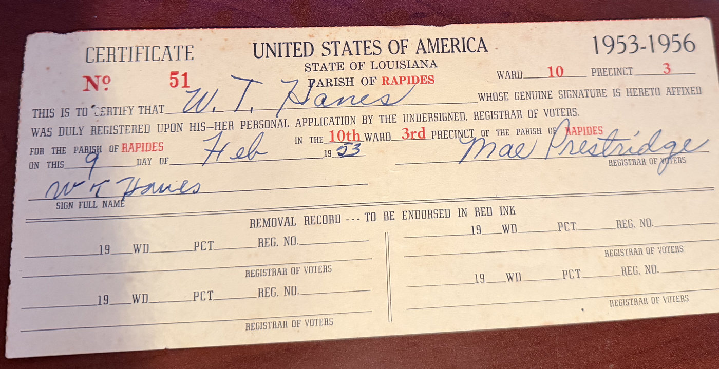 A Louisiana voter registration certificate for 1953 to 1956, certificate number 51, Ward 10, Precinct 3, Parish of Rapides, made out to W. T. Hanes and signed by him.