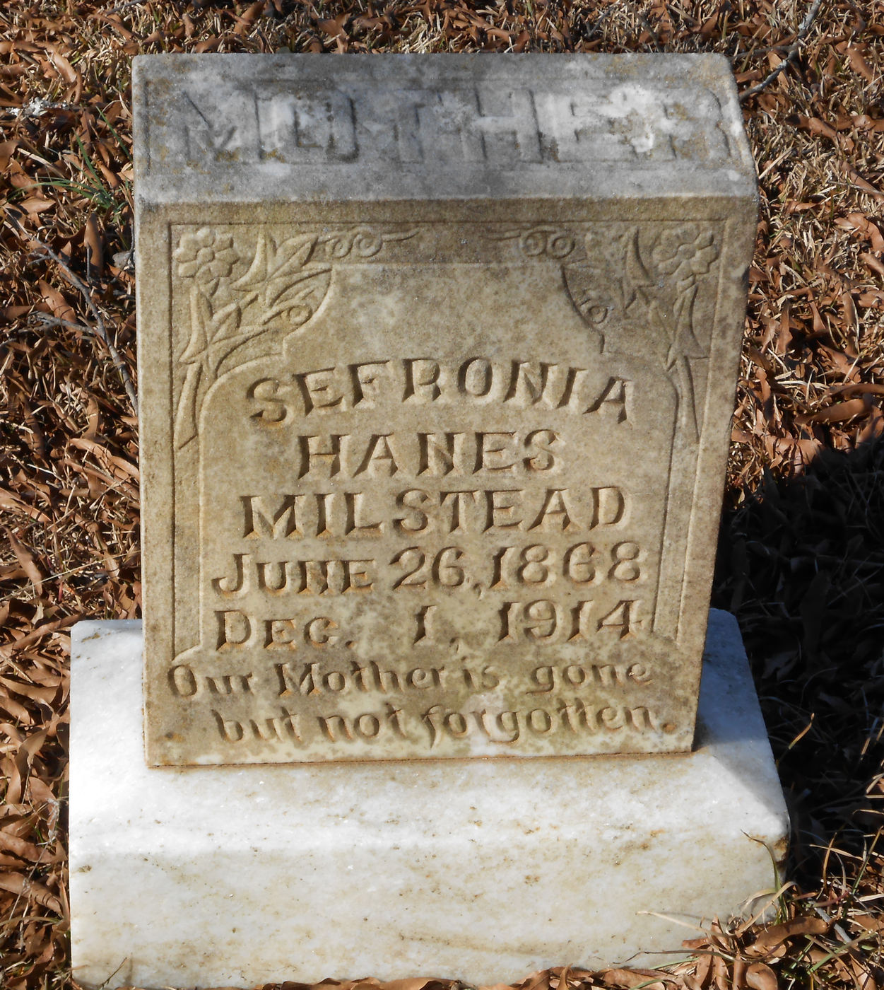A weathered marble headstone on a white marble base. The top is carved MOTHER. It reads Sefronia Hanes Milstead, June 26, 1868, Dec. 1, 1914, Our Mother is gone but not forgotten.